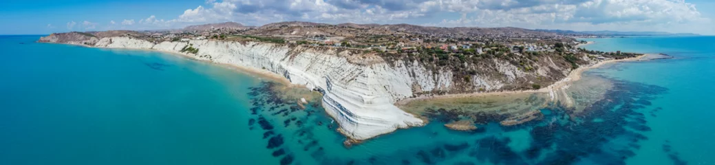 Printed kitchen splashbacks Scala dei Turchi, Sicily Aerial view of white rocky cliffs at Scala dei Turchi, Sicily, Italy, with turquoise clear water. Drone shot of the limestone rock formation and beach