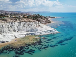 Foto op Plexiglas Scala dei Turchi, Sicilië Aerial view of white rocky cliffs at Scala dei Turchi, Sicily, Italy, with turquoise clear water. Drone shot of the limestone rock formation and beach