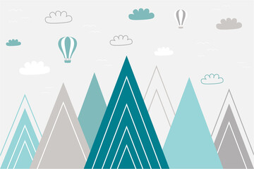Kids wallpaper in scandinavian style. Mountainscape, ballon, clouds and birds for baby room design, wall decor. © AnastasiaStark