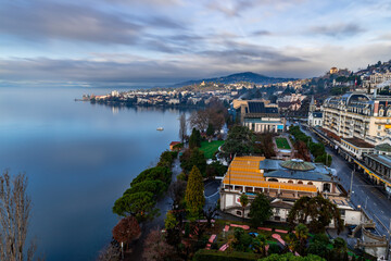 Fototapeta premium City of Montreux, Switzerland by the lake Leman during beautiful sunset