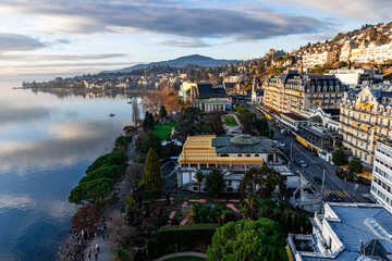 City of Montreux, Switzerland by the lake Leman during beautiful sunset