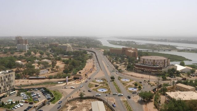 Busy Traffic at Roundabout Niamey City, Niger, High Viewpoint, Static.