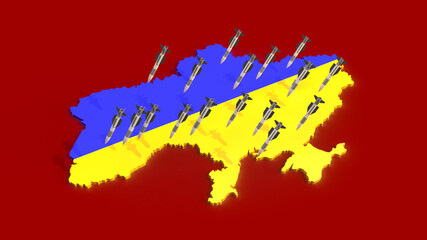 3d render blue-yellow ukraine on the border is fired at by missiles on a red background