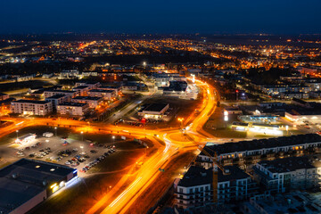 Fototapeta na wymiar Aerial scenery of residential area in Pruszcz Gdanski at night, Poland