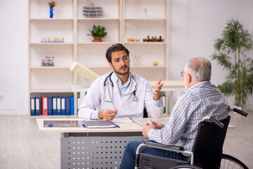 Old man in wheelchair visiting young male doctor