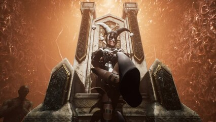 A creepy buffoon has taken the royal throne in his bloody, disgusting dungeon. Mystical fairytale atmosphere. The concept of a creepy, inhuman kingdom. Animation perfect for scary, fantasy backgrounds