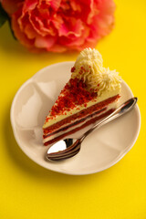 delicious meal with red velvet cake for desert