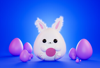 Easter bunny and eggs. Cartoon fat rabbit, 3d render. Easter Egg Hunt Banner.