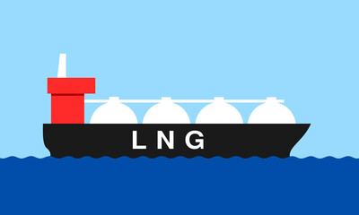 Tank ship is transporting LNG and liquefied natural gas. Export and import of commodity on the sea and ocean. Vector illustration.