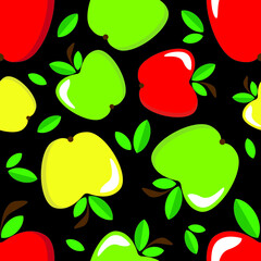 Apple cartoon whole fruit seamless pattern on black background. Vector illustration.