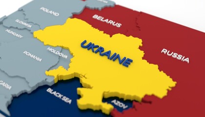 Stylich 3D Map of Ukraine and neighboring countries with agressive countries market with red