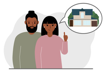 Happy couple or young family hugging and thinking about buying a dream home. Dreamy metaphor.