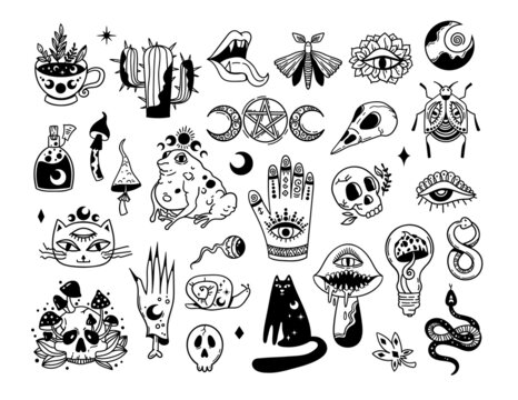 Mystical trippy isolated cliparts bundle, goblincore aesthetics, mystical toad, black cat, creepy mushroom, hand, skull - esoteric witchy stuff, black and white