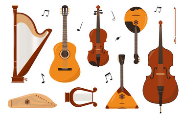 Set of Stringed musical instruments and notes. Guitar, harp and lyre, balalaika, domra and gusli, violin and double bass icons isolated on white. Vector illustration in flat or cartoon style. - obrazy, fototapety, plakaty