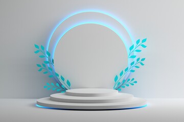 Geometric composition with white pedestals for product presentation in white color with floral elements