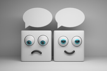 Two characters with two sad and happy blocks with word bubbles