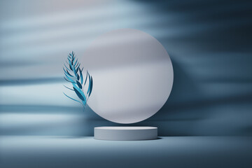 Product presentation composition with two round pedestals and plant leafy branch on blue background