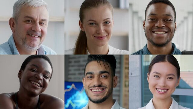 Mosaic collage of multiethnic men and women laughing and smiling to camera, close up portraits, slow motion
