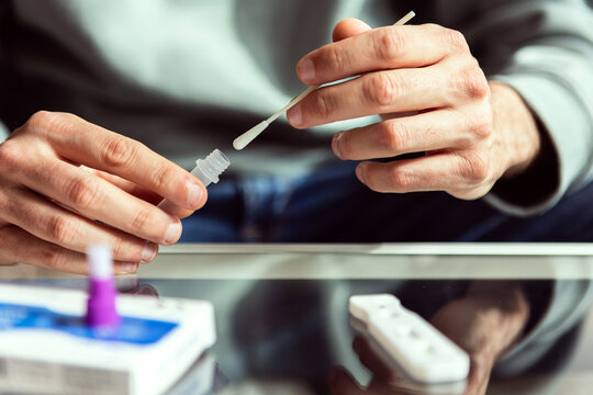 Young man doing self coronavirus covid auto test introducing the nasal swab into the tube while sitting on sofa at home