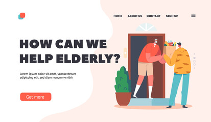 Elderly Help and Support Landing Page Template. Delivery Man, Volunteer or Courier Delivering Food to Senior Man