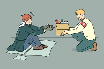 Caring male volunteer give box with food to unhappy poor person outdoors. Kind man activist share products and supplies with homeless needy people on streets. Charity concept. Vector illustration. 
