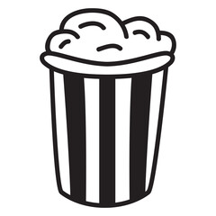 Hand drawn cartoon illustration of food.Popcorn in doodle style paper cup striped .