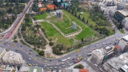 Aerial drone photo of iconic pillars of ancient Temple of Olympian Zeus, Athens historic center, Attica, Greece