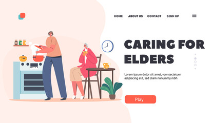 Caring for Elders Landing Page Template. Young Woman Cooking on Kitchen with Elderly Female Character Sitting at Table