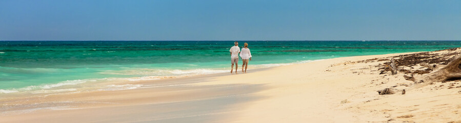 Fototapeta na wymiar Panoramic tropical beach with couple walking along shoreline