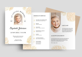 Funeral Program Obituary Layout with Tropical Leaves