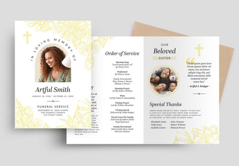 Minimal Funeral Program Obituary Brochure with Yellow Line Art Flowers