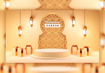 3D Render of Illuminated Arabic Lanterns with Podium for Your Product Display