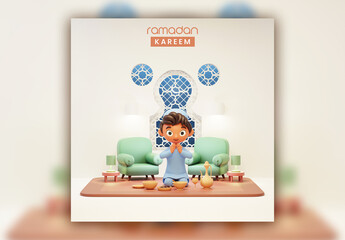 3D Render of Room Interior with a Young Muslim Boy Ramadan Kareem Concept