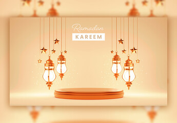 3D Render of Illuminated Arabic Lanterns and Stars with Golden Podium for Your Product Display