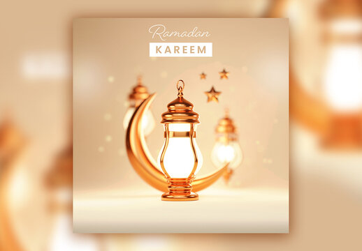 3D Render of a Golden Crescent Moon Ramadan Kareem Concept