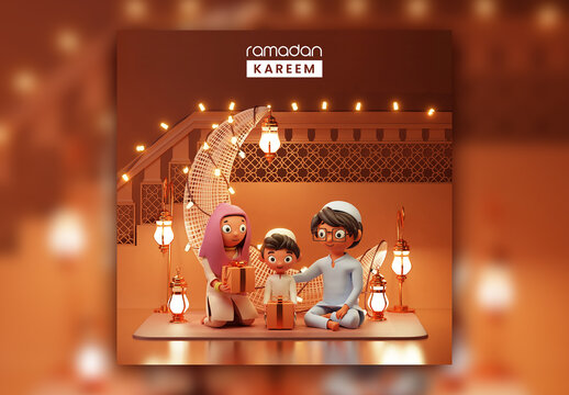 3D Render of a Muslim Family with Gifts Ramadan Kareem Concept