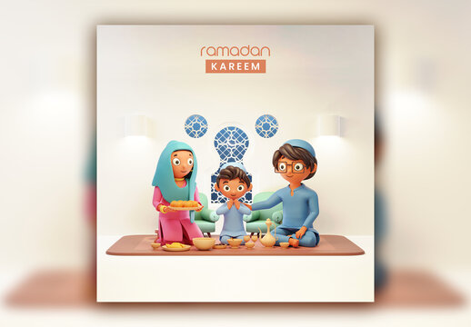 3D Render of Room Interior with a Muslim Family Ramadan Kareem Concept