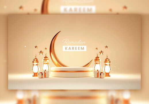 3D Render of a Golden Crescent Moon with Podium for Your Product Display