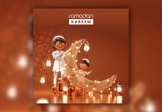 3D Character Rendering with Muslim Father and Son Ramadan Kareem Concept
