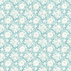 Aegean teal mottled flower linen texture background. Summer coastal living style 2 tone fabric effect. Sea green wash distressed grunge material. Decorative floral motif textile seamless pattern