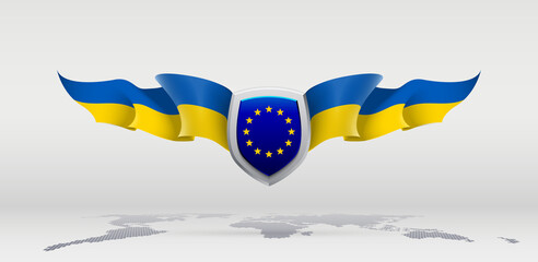flag and coat of arms of Ukraine. Realistic 3d Ukrainian illustration with the flag of Ukraine isolated on a white background. Pray and Support for Ukraine banner.