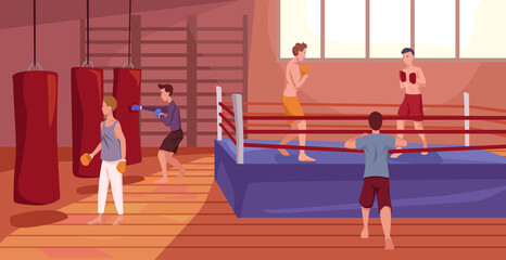 Vector illustration gym. Boys train at box club sparring in the ring of boxers in gloves under the supervision of a coach and from the side they train on pears in cartoon style.