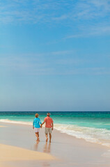 Fototapeta na wymiar Retired Caucasian couple walking by ocean holding hands
