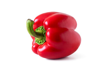 Bright red bell pepper with smooth skin on white