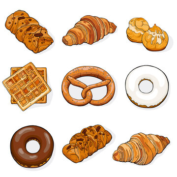 different pastry collection.  waffels, donuts, profiteroles, prezel, croissants.