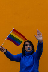Modern LGBT woman showing stop hand gesture, concept of non-binary people acceptance, stop LGBT...