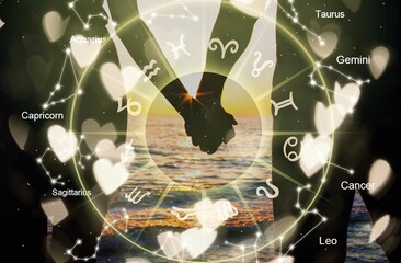 Two hand with cross. Zodiac signs inside of horoscope circle astrology and horoscopes concept on...