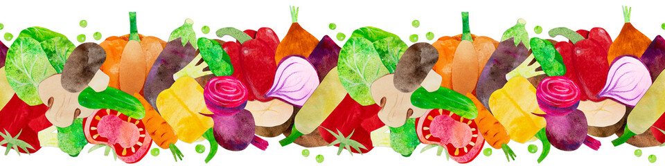 Hand-drawn watercolor vegetables seamless line border ornament. Ingredients such as carrot, beetroot, cabbage and chili. Cute illustration, for farmers market, products design, stickers or postcards