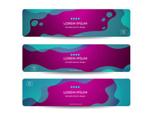 Obraz premium Collection of horizontal promotion purple blue banners with gradient colors and abstract geometric elements. Header design. Vibrant coupon template.