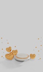 3D podium display background. Cream white podium with hearts and golden balls. Beauty cosmetic product presentation. Minimal pastel showcase. Mock up. 3D illustration